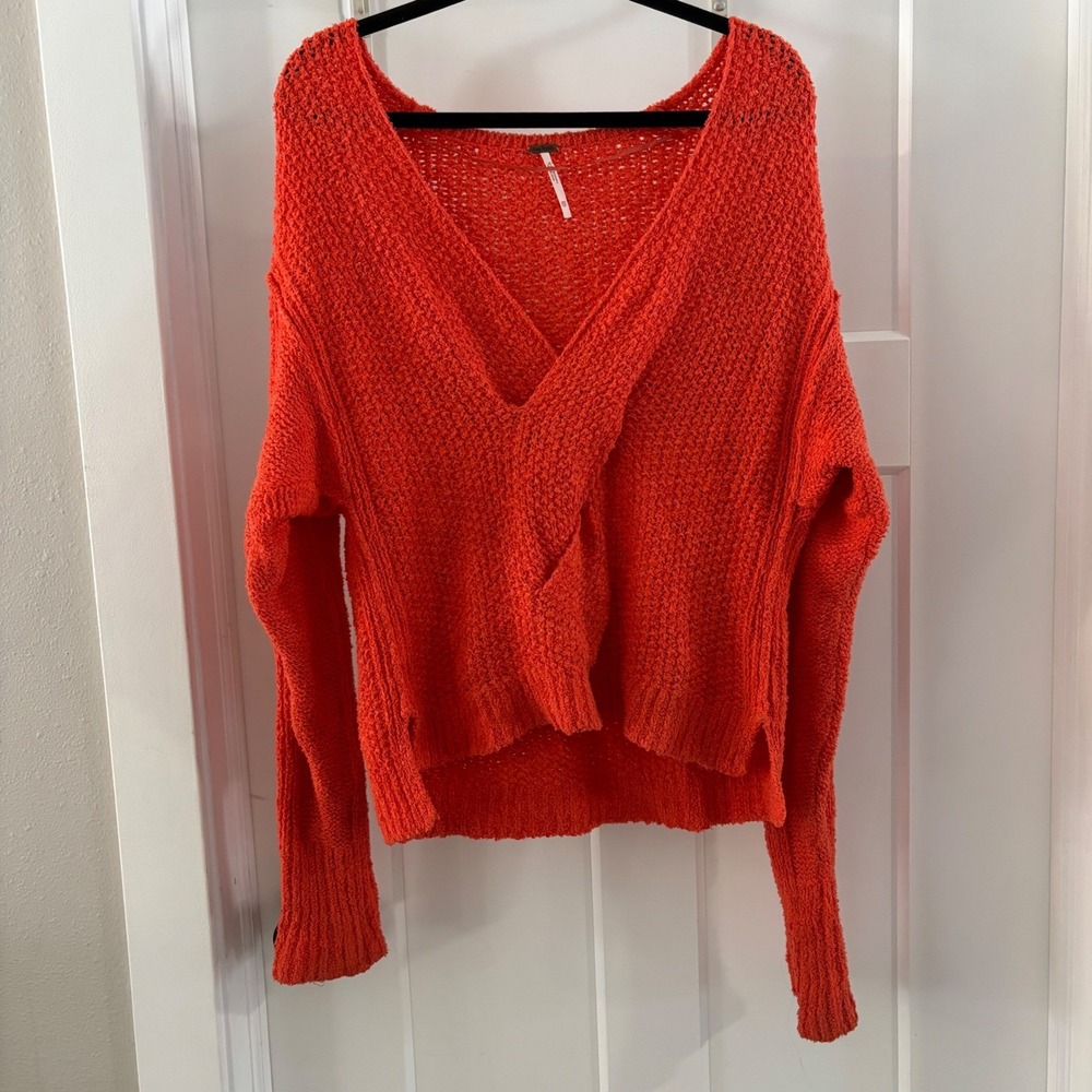 Free People Coco V Neck Orange Red Textured Knit Pullover Sweater Boho Size XS